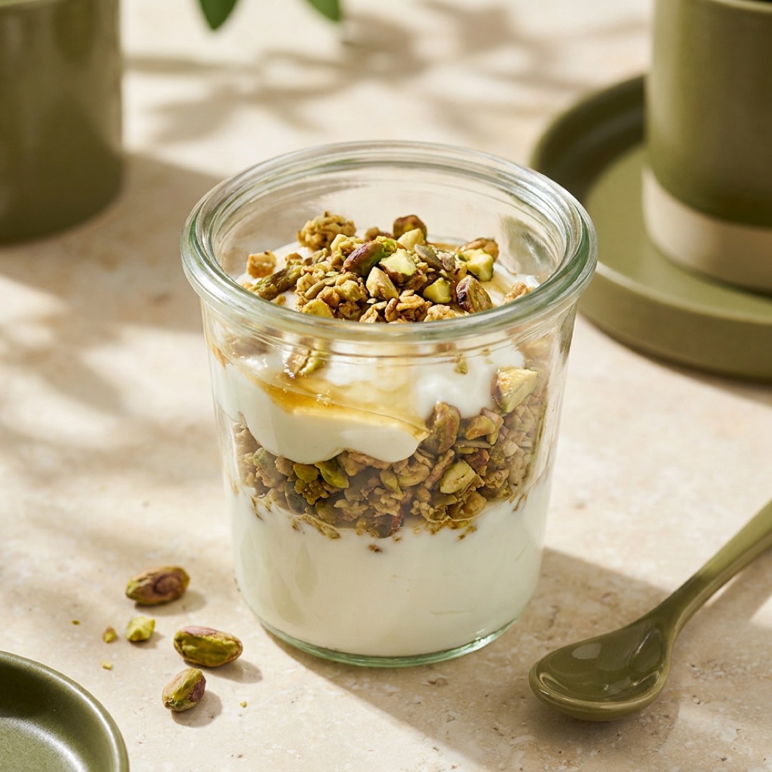 Joghurtbecher mit Pistaziengranola und Himbeeren